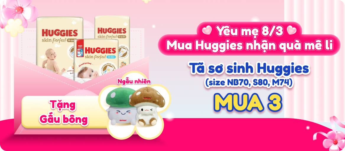 Tã sơ sinh Huggies ( size NB70, S80, M74) mua 3 tặng gấu bông ( ngẫu nhiên)