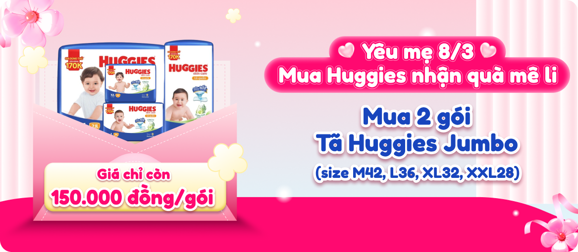 Mua 2 gói Tã Huggies Jumbo ( size M42, L36, XL32, XXL28) giá chỉ còn 150.000 đồng/gói