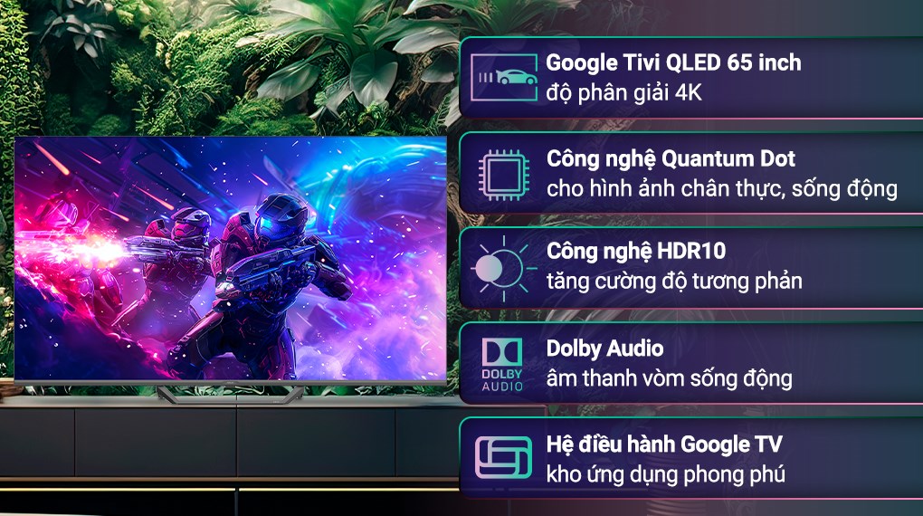 Google Tivi QLED Aqua 4K 65 inch AQT65S80EUX sở hữu màn hình QLED 4K UHD sắc nét, kích thước lớn 65 inch, mang đến trải nghiệm hình ảnh sống động