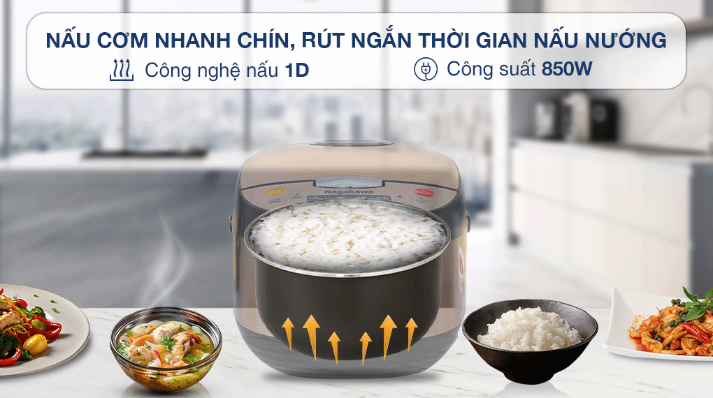 Nồi cơm điện tử Nagakawa 1.8 lít NER5556 sử dụng công nghệ nấu 1D nấu cơm chín nhanh chóng tiết kiệm thời gian