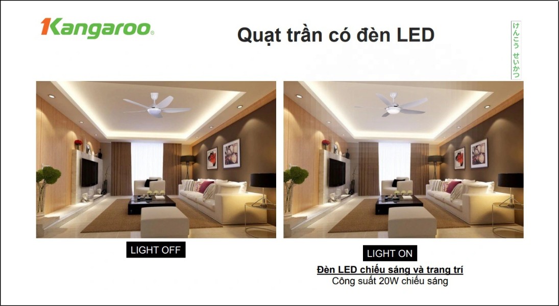 Nhiều mẫu quạt trần Kangaroo còn tích hợp đèn LED chiếu sáng, vừa làm mát vừa chiếu sáng, tiết kiệm diện tích