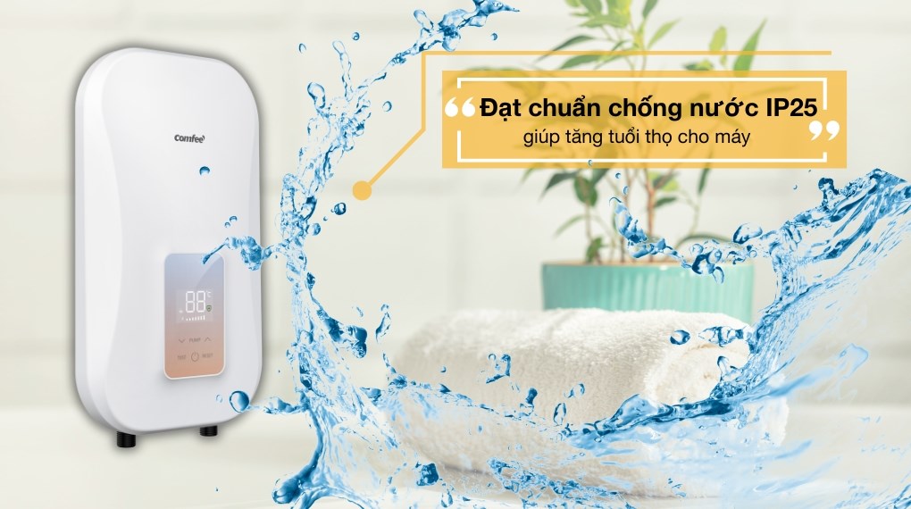Vỏ máy nước nóng trực tiếp Comfee 4500W CWH-45EPGPVN(W)-CB có khả năng kháng nước hiệu quả, giúp sử dụng an toàn
