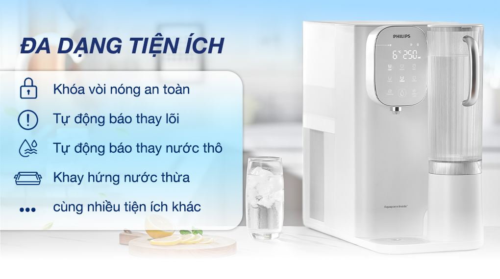 Máy lọc nước RO nóng nguội lạnh Philips ADD6912WH/74 2 lõi trang bị tiện ích thông minh như khóa vòi sau 10 giây, khay hứng nước, báo thay lõi và nước, tự ngừng khi đầy
