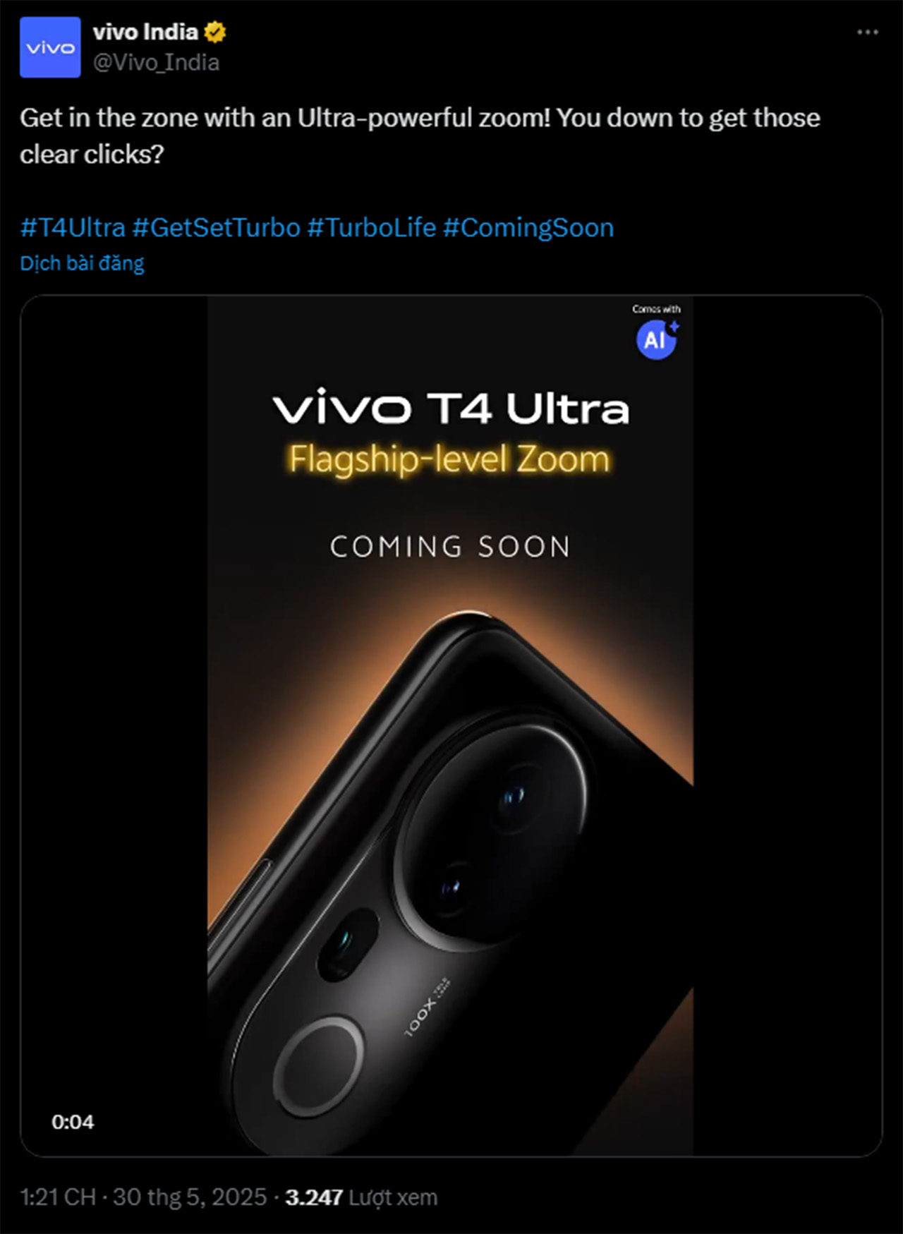 Bài đăng của vivo hé lộ thiết kế chính thức của T4 Ultra. Bài đăng của vivo hé lộ thiết kế chính thức của T4 Ultra.