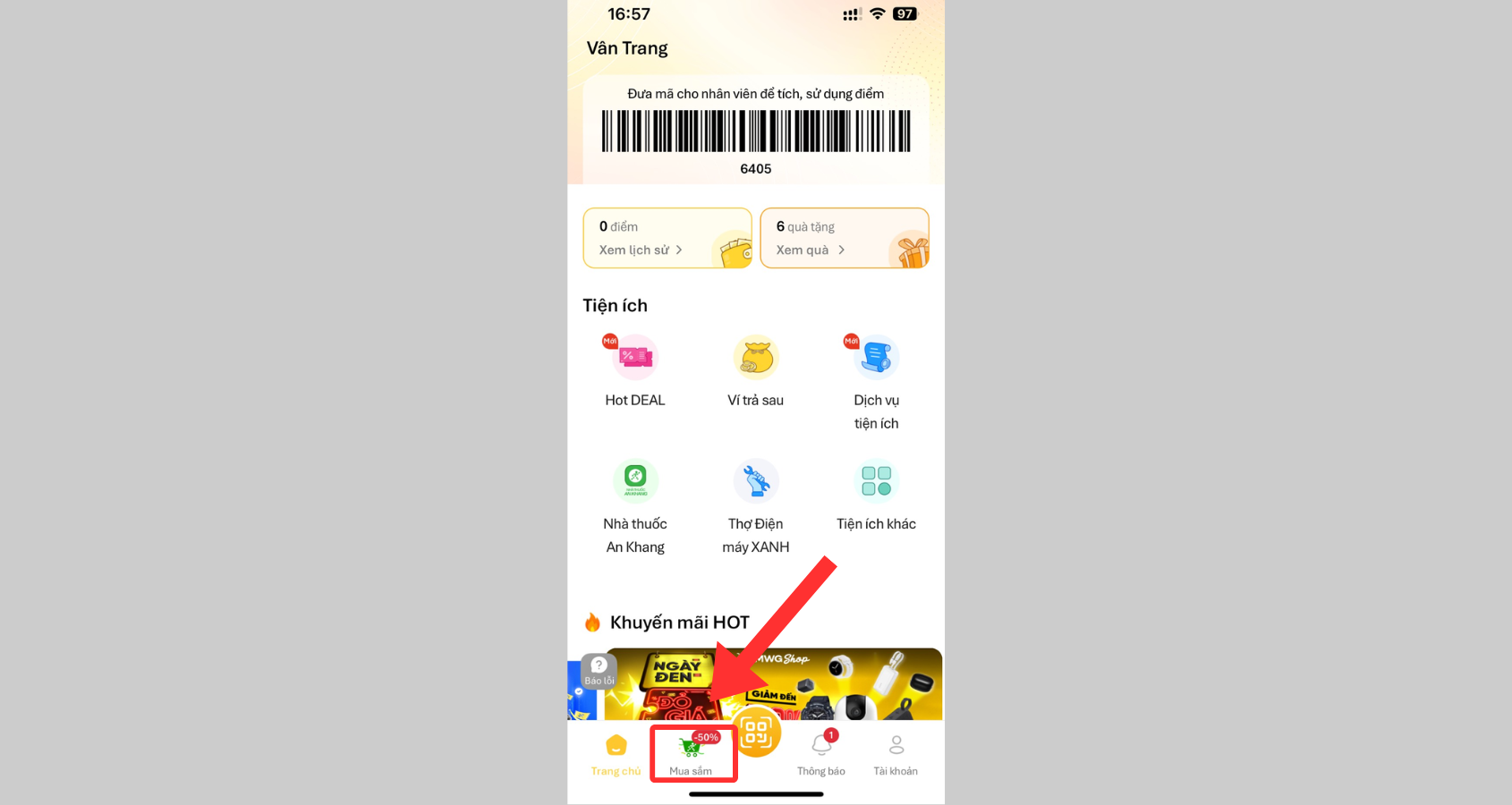 Chọn mục Mua sắm