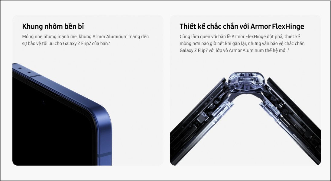 Samsung Galaxy Z Flip7 có cải tiến về bản lề giúp giảm nếp gấp màn hình rõ rệt hơn so với Z Flip6