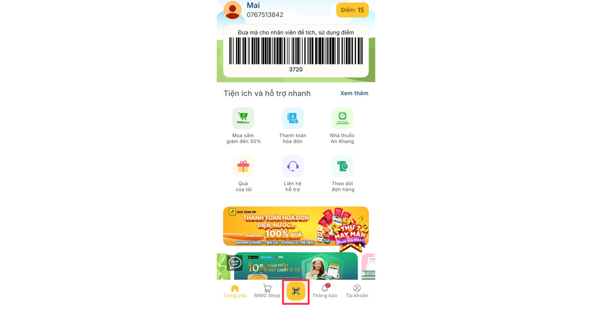Vào App Quà tặng VIP, Chọn mục Quét mã Vào App Quà tặng VIP, Chọn mục Quét mã