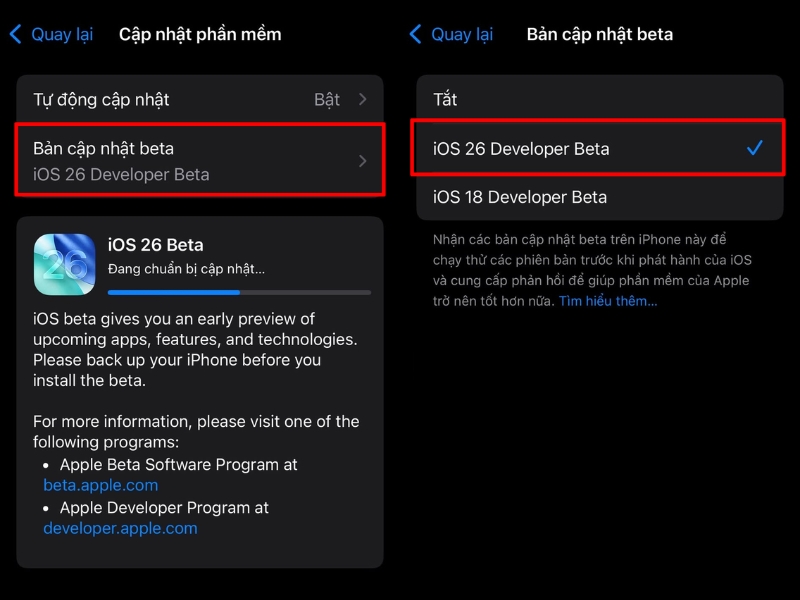 Chọn iOS 26 Developer Beta Chọn iOS 26 Developer Beta