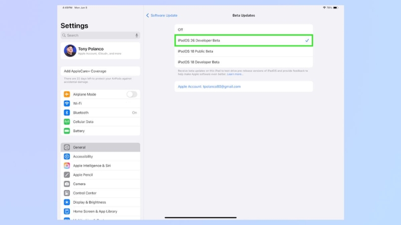 Chọn iPadOS 26 Developer Beta Chọn iPadOS 26 Developer Beta