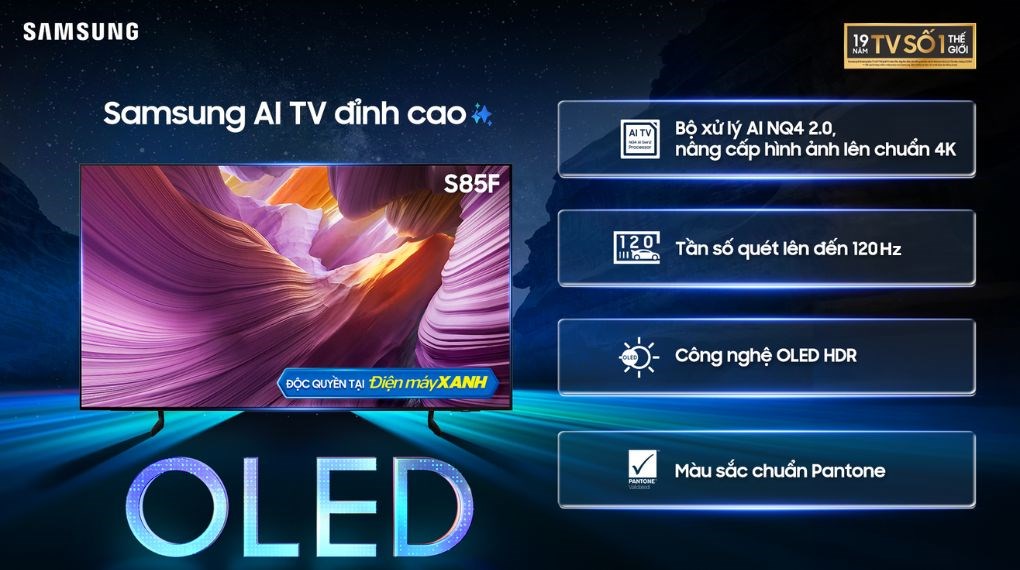 Smart Tivi OLED Samsung AI 4K 55 inch QA55S85F tích hợp AI giúp hình ảnh được nâng cấp sắc nét hơn, hiển thị rõ chi tiết cả trong nội dung gốc có chất lượng thấp Smart Tivi OLED Samsung AI 4K 55 inch QA55S85F tích hợp AI giúp hình ảnh được nâng cấp sắc nét hơn, hiển thị rõ chi tiết cả trong nội dung gốc có chất lượng thấp
