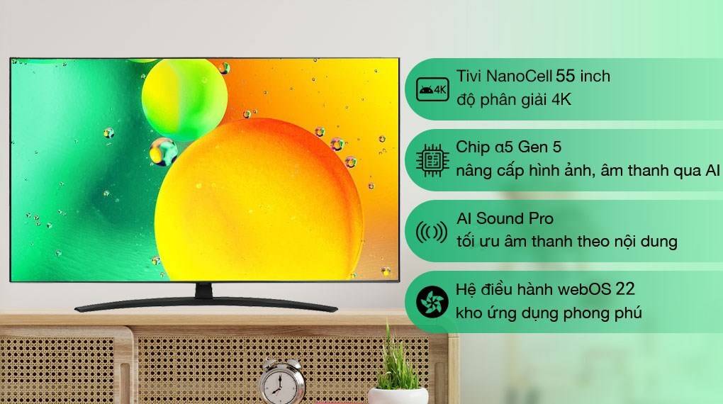 Smart Tivi NanoCell LG AI 4K 55 inch 55NANO76SQA tích hợp công nghệ âm thanh AI thông minh, tối ưu cho mọi nội dung giải trí Smart Tivi NanoCell LG AI 4K 55 inch 55NANO76SQA tích hợp công nghệ âm thanh AI thông minh, tối ưu cho mọi nội dung giải trí