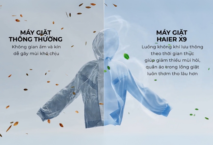 Máy giặt Haier x9 được tích hợp công nghệ Fresh Air giúp quần áo thơm mát và giảm nhăn