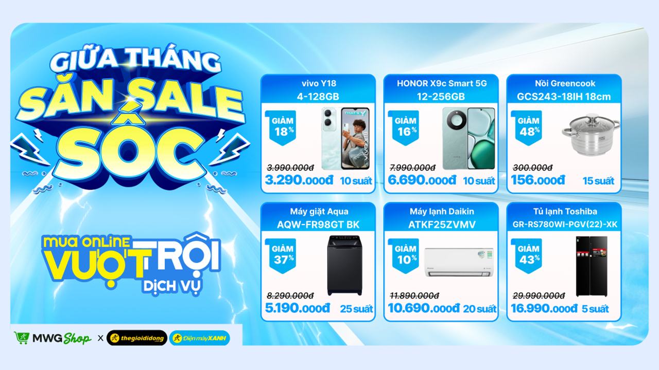 Đặt lịch săn sale giữa tháng tại MWG Shop, hàng ngàn sản phẩm công nghệ đồng loạt giảm giá cực sốc Đặt lịch săn sale giữa tháng tại MWG Shop, hàng ngàn sản phẩm công nghệ đồng loạt giảm giá cực sốc