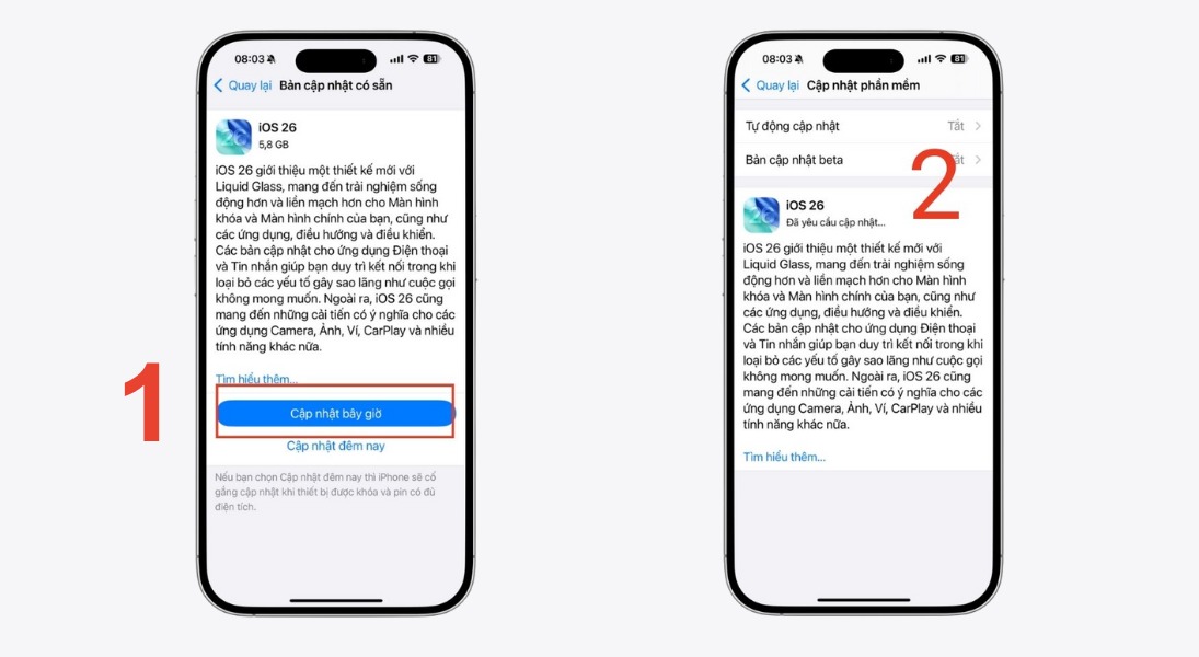 Chọn bản cập nhật iOS 26 có sẵn > Sau đó chọn Cập nhật bây giờ