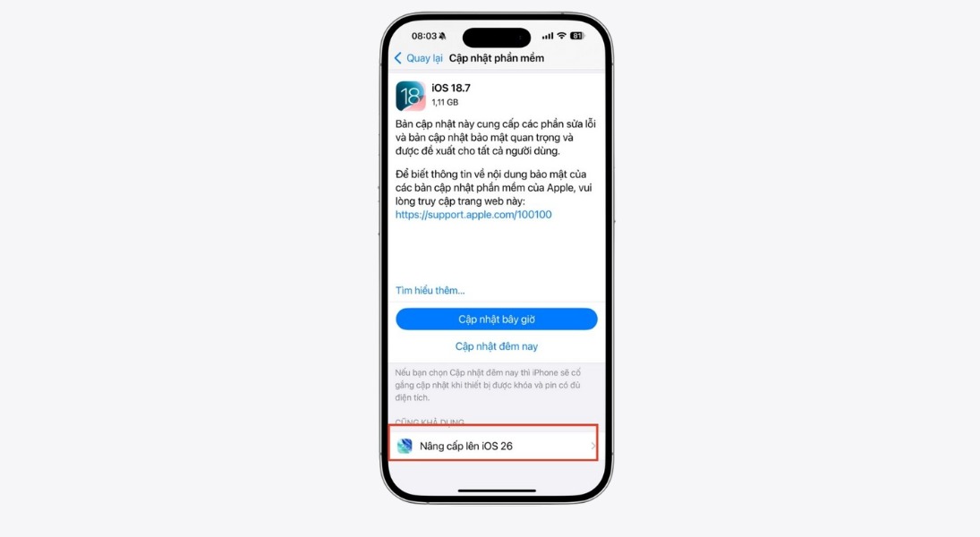 Kéo xuống cuối cùng và chọn Nâng cấp lên iOS 26