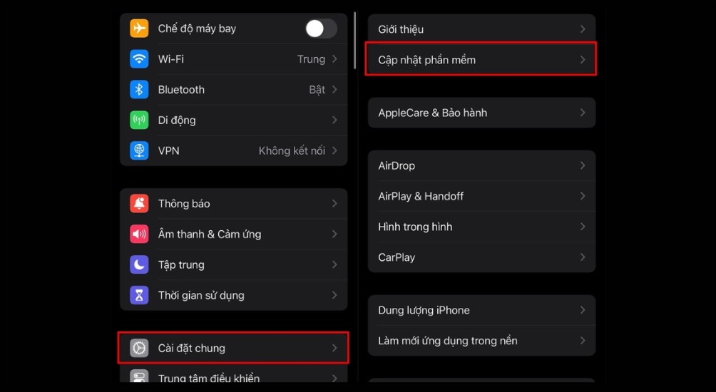 Chọn Cài đặt chung > Chọn Cập nhật phần mềm