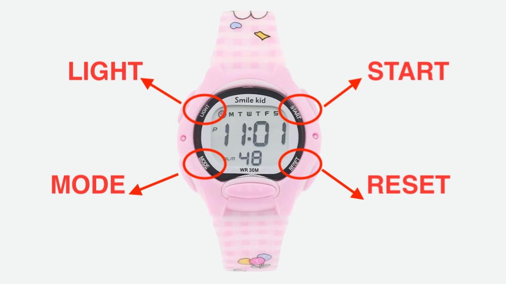 C&aacute;c n&uacute;t tr&ecirc;n đồng hồ điện tử trẻ em 4 n&uacute;t
