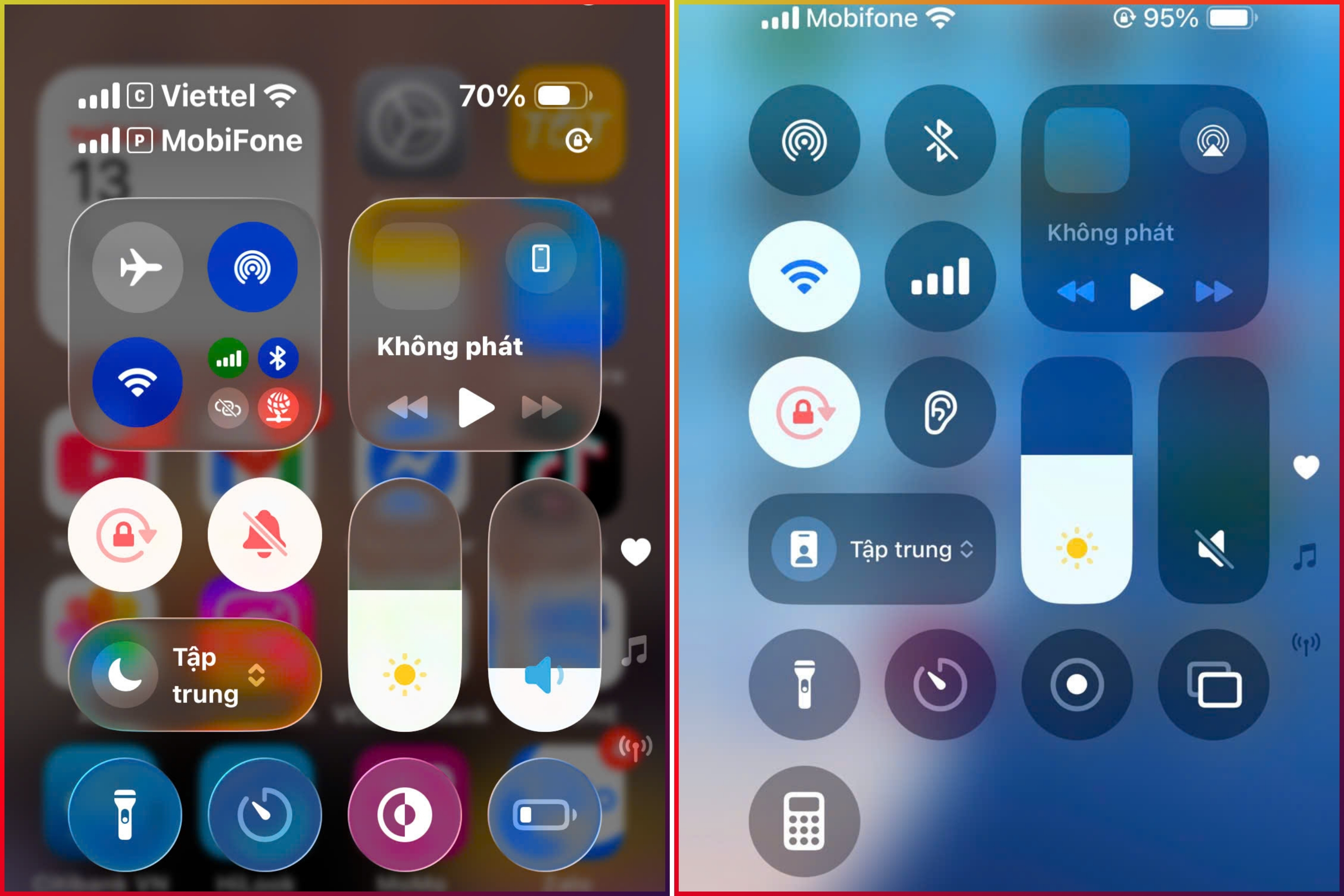 Giao diện Control Center cũng thể hiện rõ rệt hơn trên iOS 26 (bên trái) và iOS 18 (bên phải). Giao diện Control Center cũng thể hiện rõ rệt hơn trên iOS 26 (bên trái) và iOS 18 (bên phải).