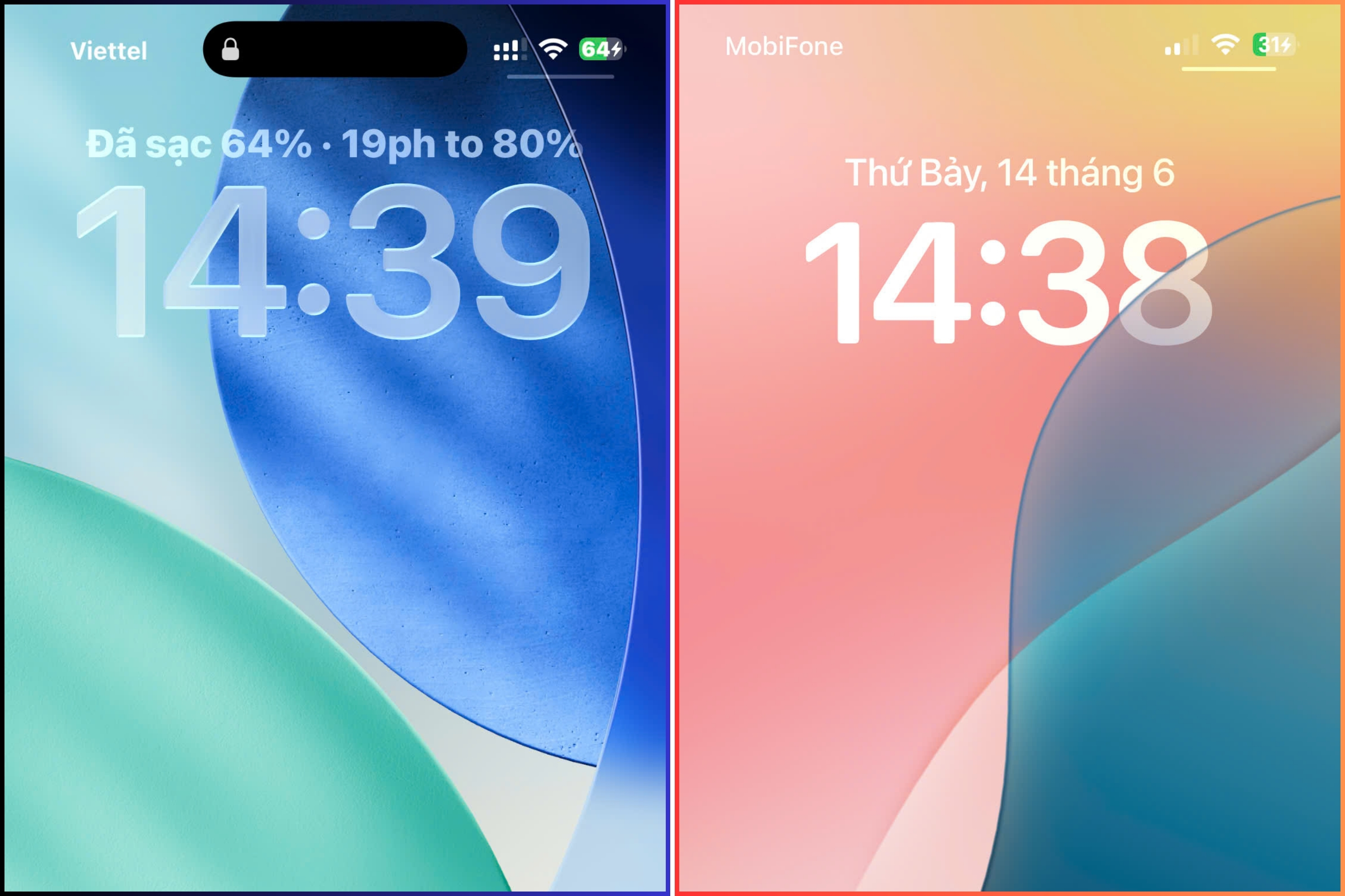 Thời gian sạc pin đầy trên iOS 26 (bên trái) và iOS 18 ( bên phải). Thời gian sạc pin đầy trên iOS 26 (bên trái) và iOS 18 ( bên phải).