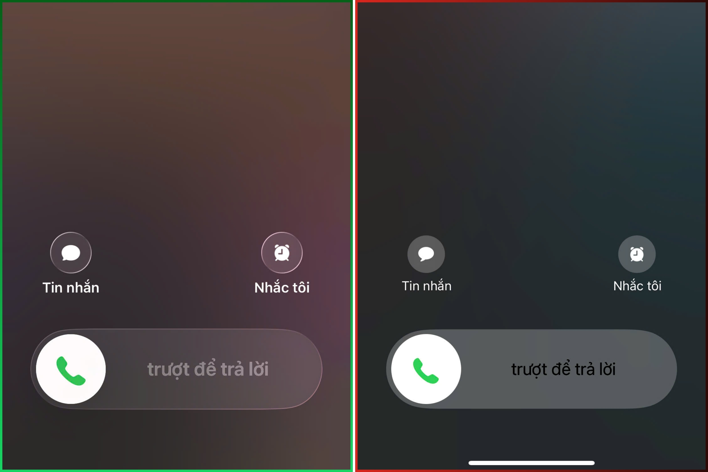 Hình ảnh cuộc gọi tới trên iOS 26 (bên trái) và iOS 18 (bên phải). Hình ảnh cuộc gọi tới trên iOS 26 (bên trái) và iOS 18 (bên phải).