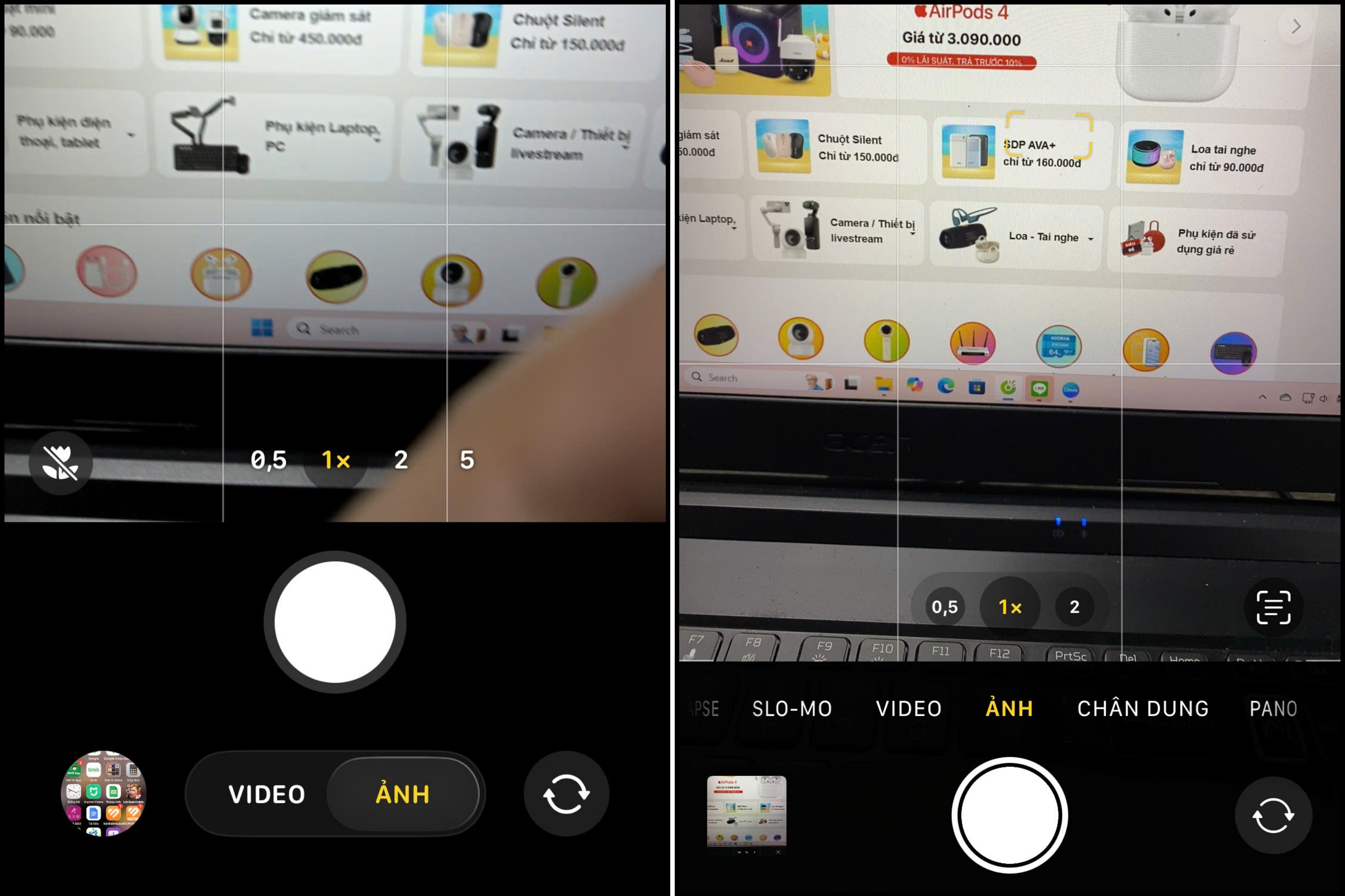 Giao diện camera trên iOS 26 (bên trái) có phần được làm tinh gọn hơn iOS 18 (bên phải). Giao diện camera trên iOS 26 (bên trái) có phần được làm tinh gọn hơn iOS 18 (bên phải).