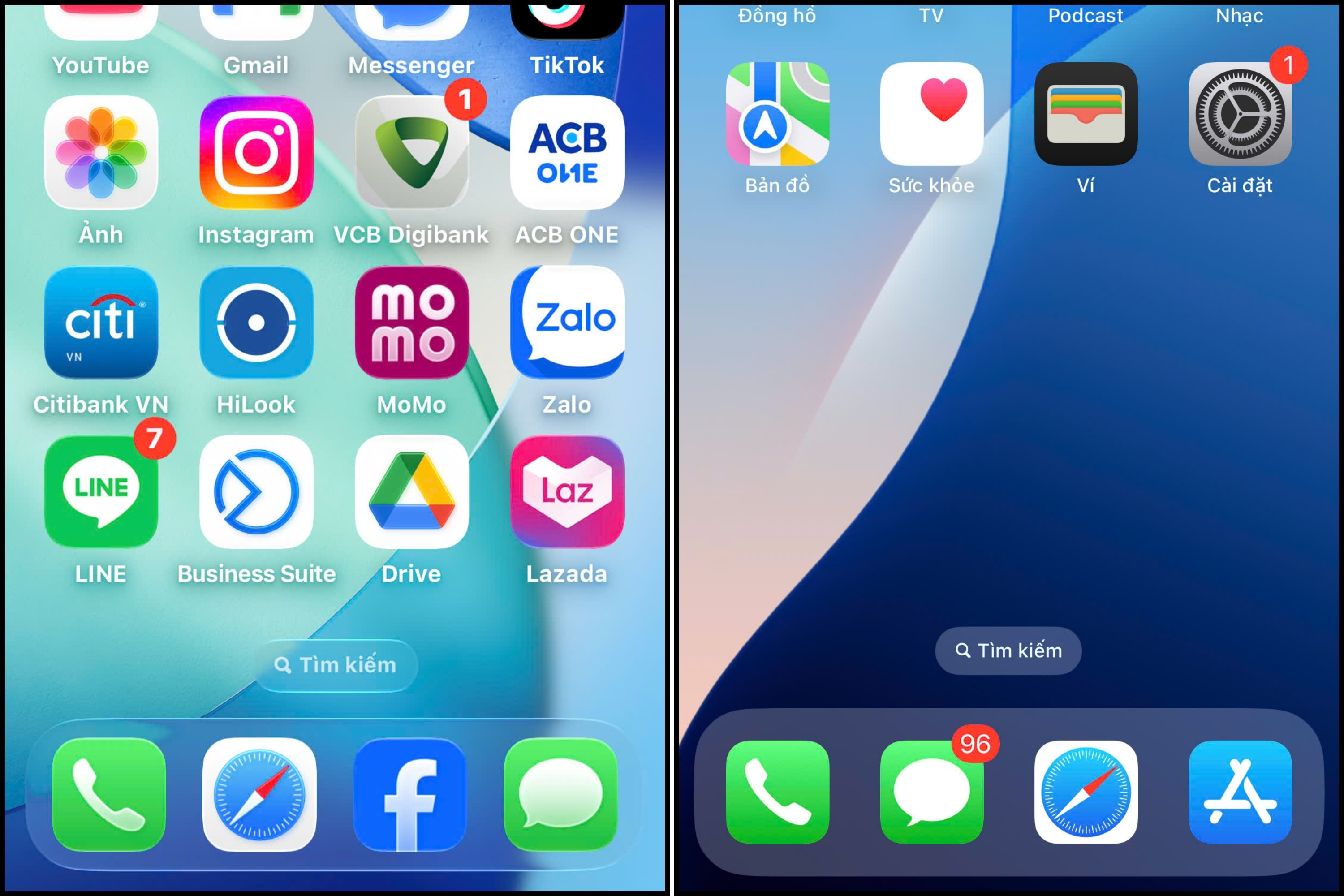 Màn hình ứng dụng được thay đổi nổi bật với iOS 26 (bên trái) nhìn bóng bẩy hơn iOS 18 (bên phải). Màn hình ứng dụng được thay đổi nổi bật với iOS 26 (bên trái) nhìn bóng bẩy hơn iOS 18 (bên phải).