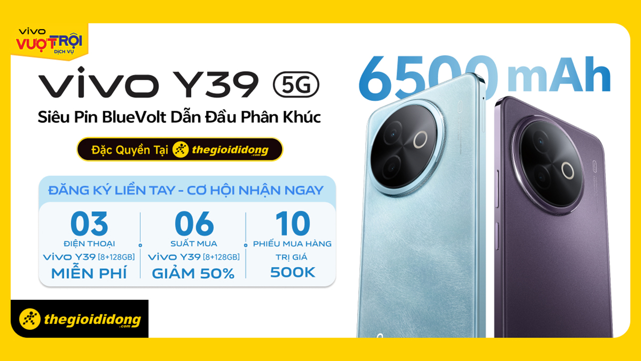 Hotsale Mở Bán Vivo Y39: Giảm Ngay 300K Hoặc Tặng Pmh 300K, Miễn Phí Thay Pin 39 Tháng, Trả Chậm 0% Và Nhiều Nữa Hotsale Mở Bán Vivo Y39: Giảm Ngay 300K Hoặc Tặng Pmh 300K, Miễn Phí Thay Pin 39 Tháng, Trả Chậm 0% Và Nhiều Nữa