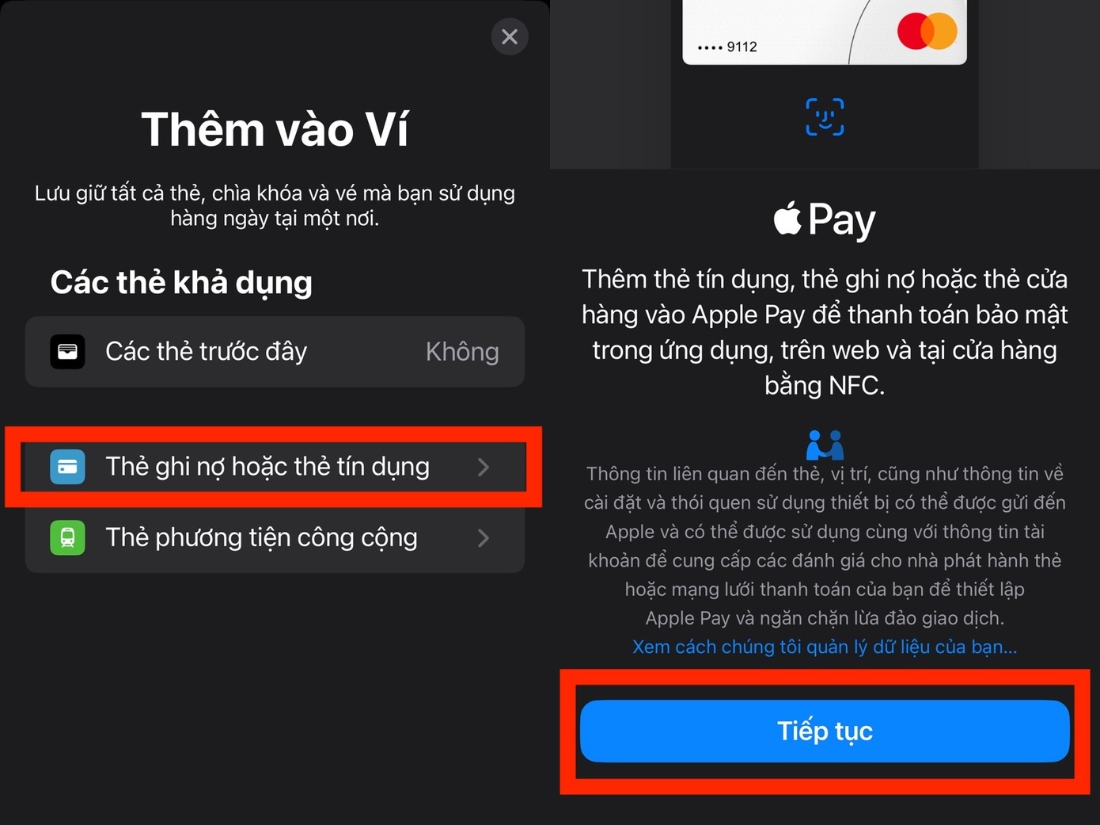 Chọn Thẻ t&iacute;n dụng hoặc thẻ ghi nợ