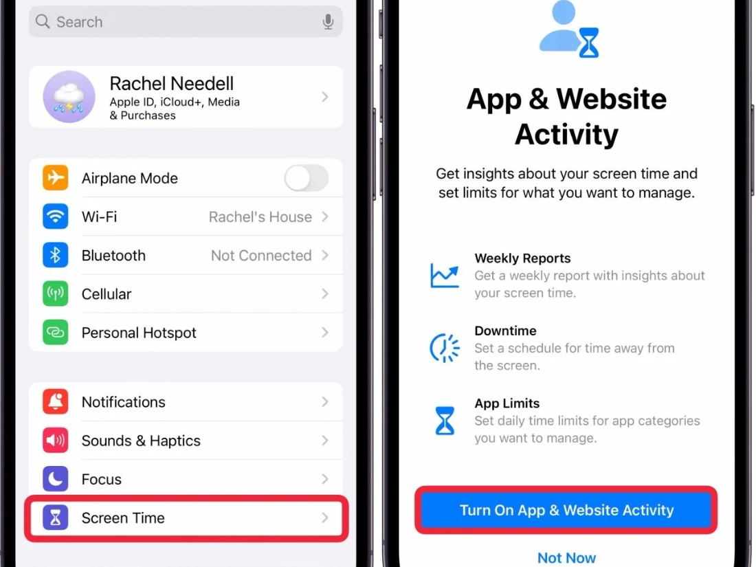 Nhấn v&agrave;o Bật Screen Time