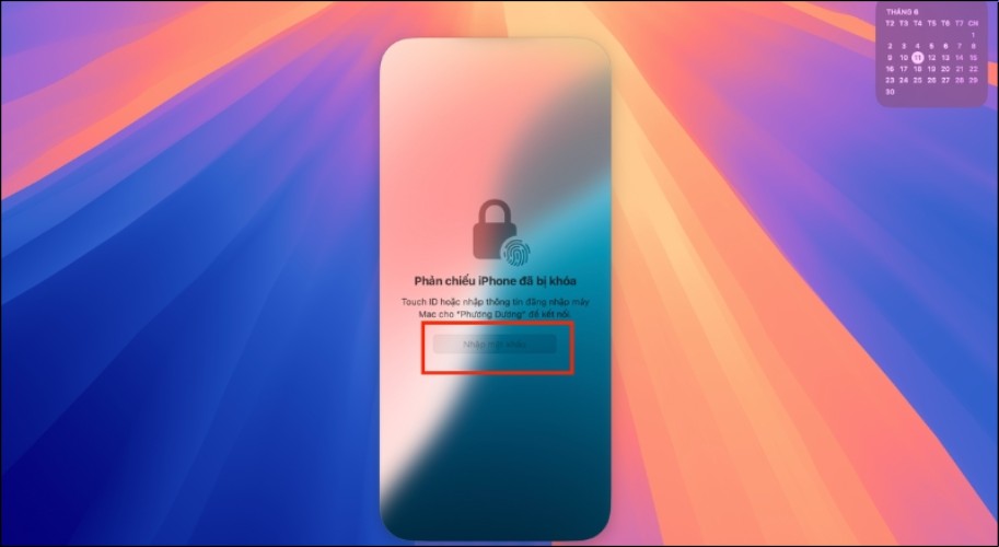 Nhập mật khẩu trên MacBook để cho phép kết nối với iPhone