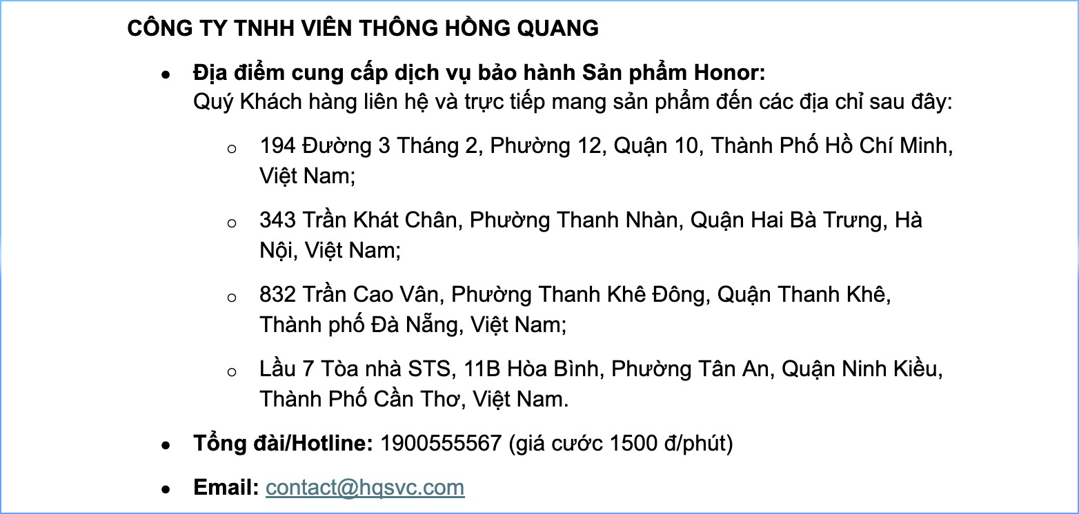 Chính Sách Bảo Hành Sản Phẩm Honor Chính Sách Bảo Hành Sản Phẩm Honor