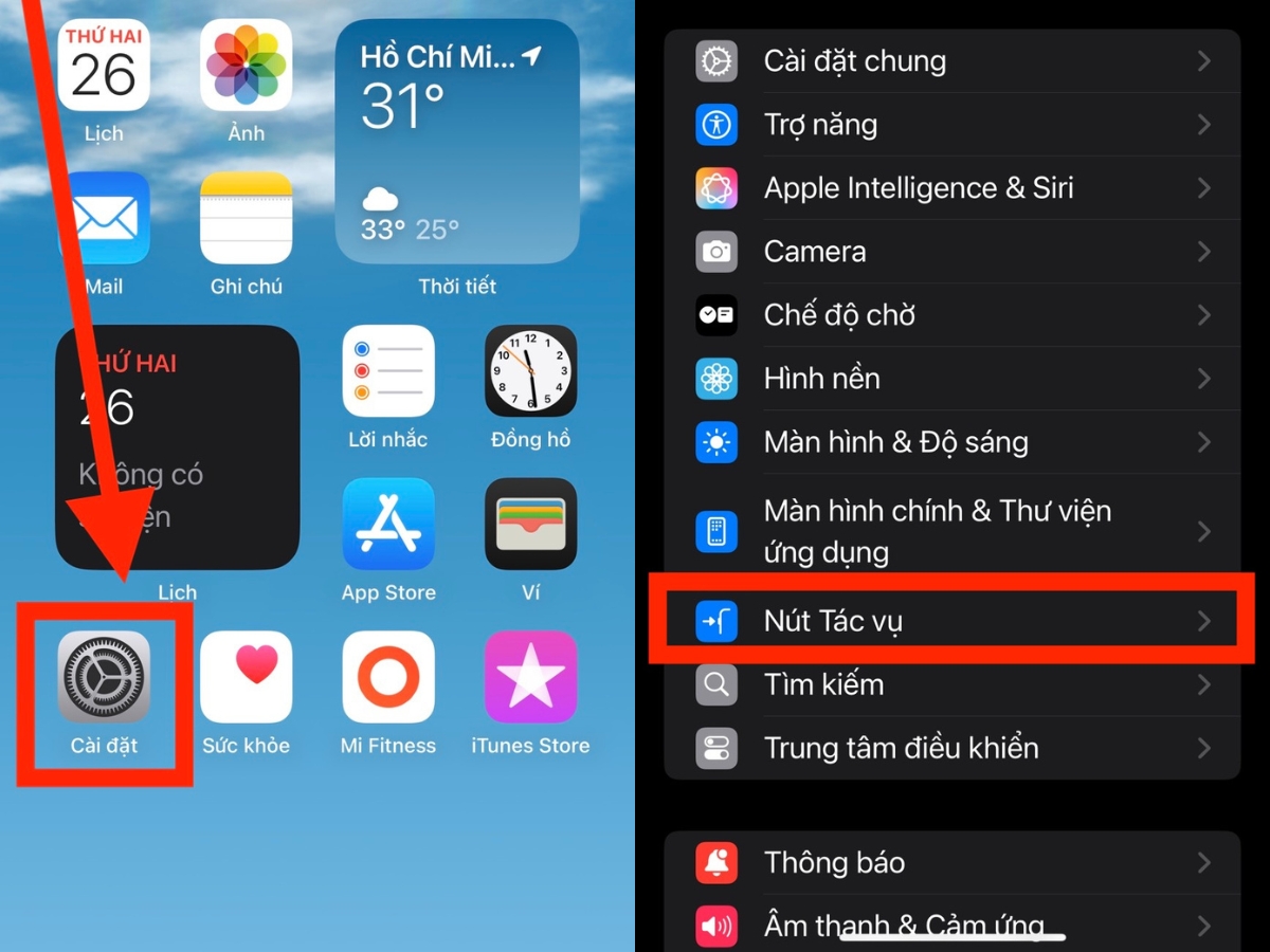 Chọn mục Nút tác vụ (Action Button) Chọn mục Nút tác vụ (Action Button)