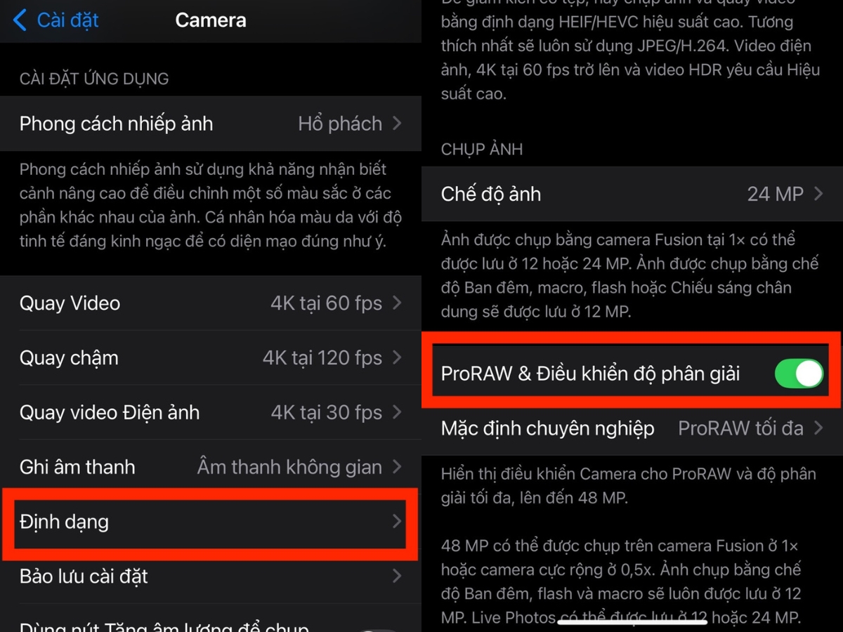 Bật t&ugrave;y chọn Apple ProRAW