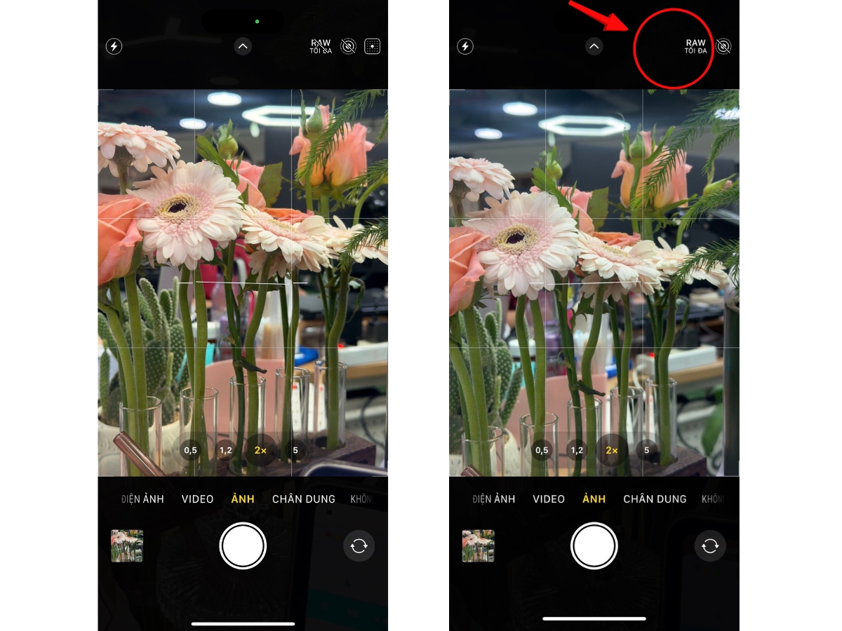 Chạm v&agrave;o biểu tượng RAW để bật