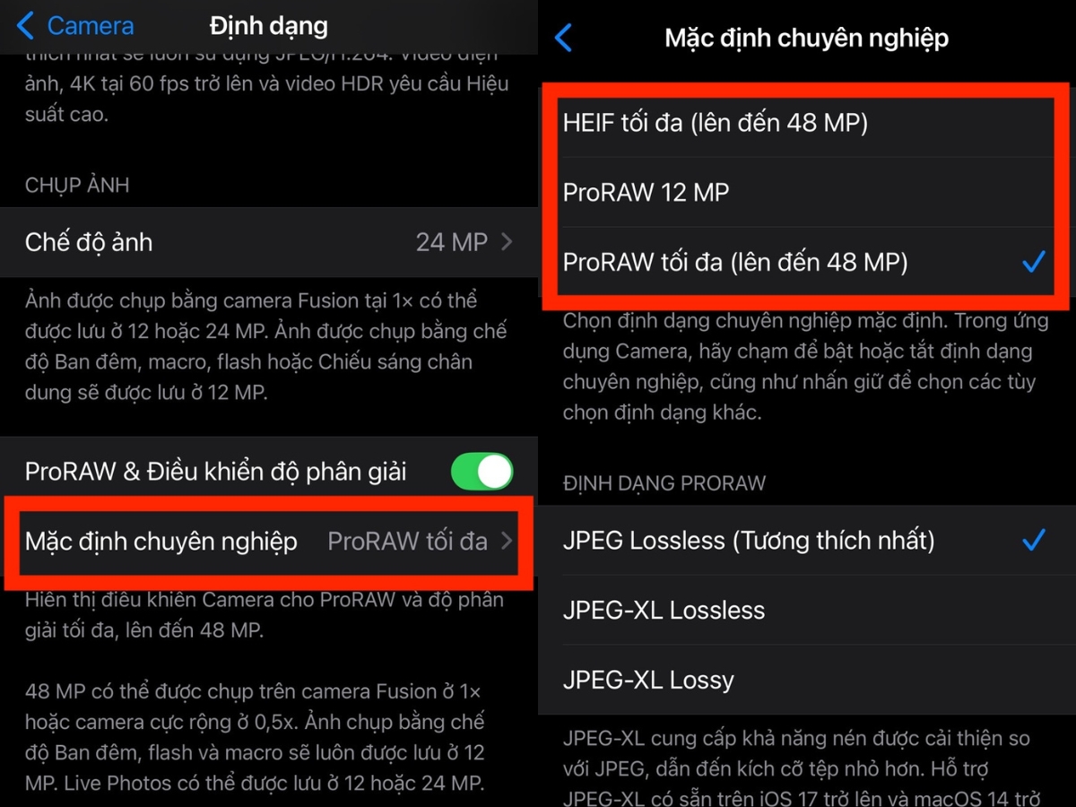 Chọn độ ph&acirc;n giải ProRAW mong muốn