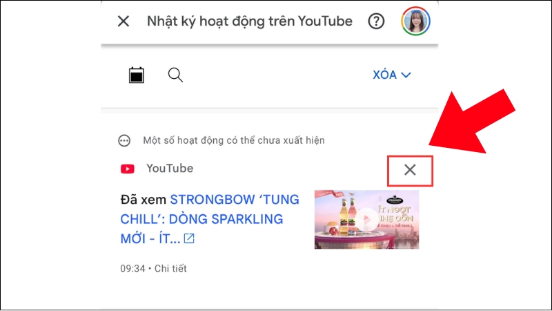 Nếu bạn muốn x&oacute;a video n&agrave;o khỏi lịch sử xem th&igrave; bấm dấu X tr&ecirc;n đầu video đ&oacute;