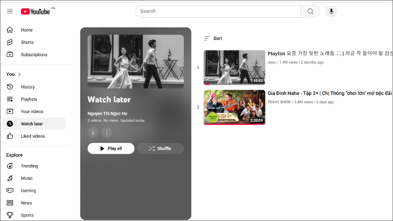 Chọn Danh s&aacute;ch xem của t&ocirc;i hoặc Watch Later (Xem sau) 