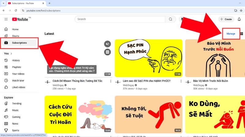 Chọn Subscriptions để xem c&aacute;c k&ecirc;nh đ&atilde; đăng k&yacute;