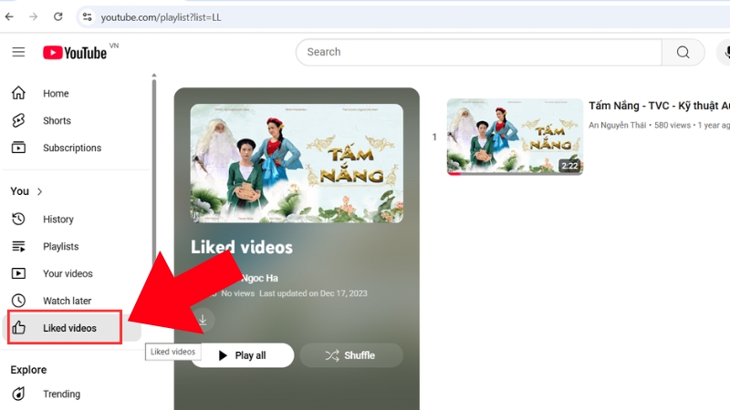 Bấm v&agrave;o Video đ&atilde; th&iacute;ch (Liked videos) để xem c&aacute;c video bạn đ&atilde; bấm y&ecirc;u th&iacute;ch.