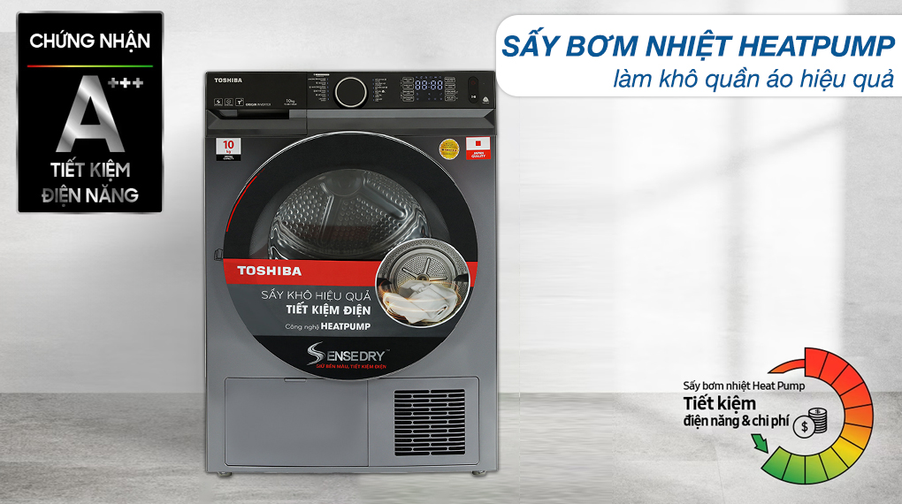 Máy sấy Toshiba được ứng dụng công nghệ Heatpump giúp làm khô quần áo hiệu quả mà vẫn bảo vệ sợi vải tối ưu