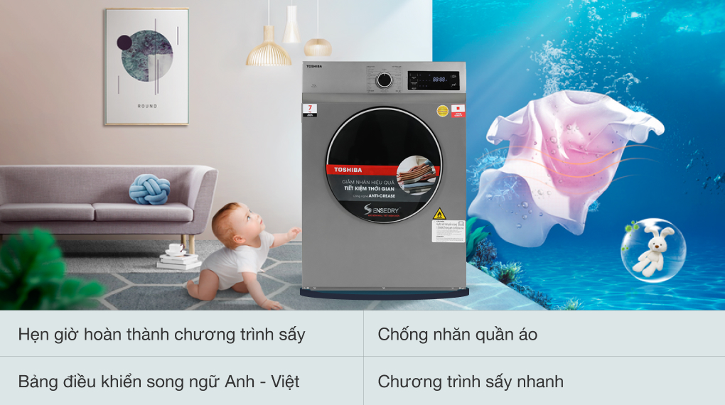 Máy sấy thông hơi 7 kg Toshiba TD-H80SEV(SK) được tích hợp công nghệ chống nhăn quần áo hiệu quả, tiết kiệm thười gian làm phẳng đồ