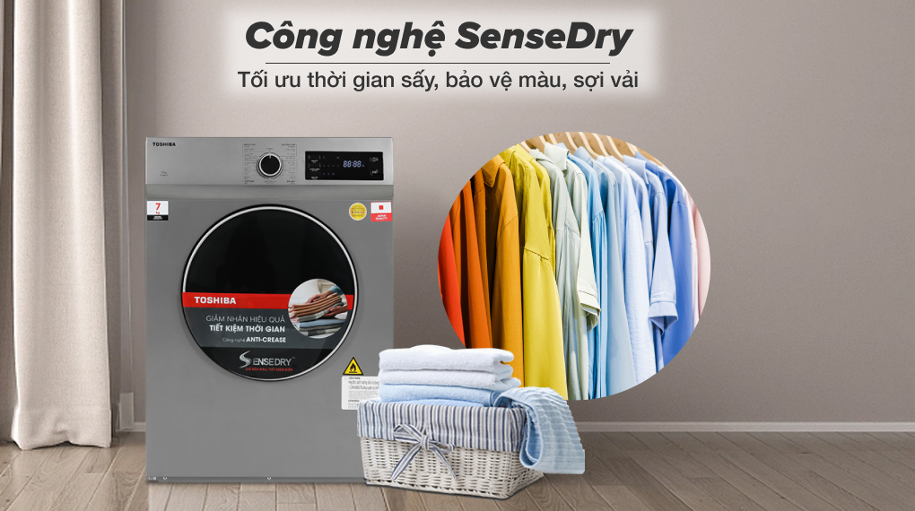 Máy sấy thông hơi 7 kg Toshiba TD-H80SEV(SK)  tối ưu thời gian sấy, đảm bảo đồ sấy không bị sấy khô quá mức, bảo vệ màu, sợi vải, tiết kiệm điện hiệu quả