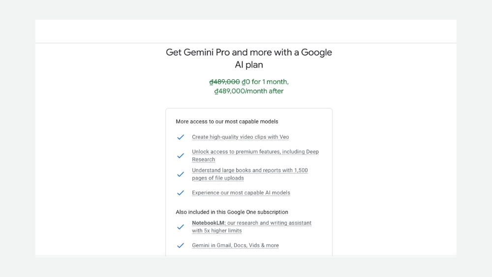 C&aacute;c g&oacute;i dịch vụ của Gemini