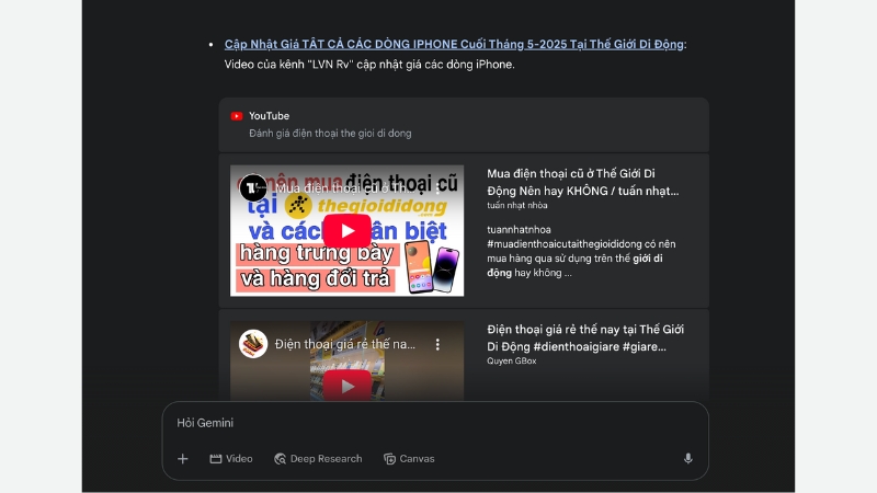 T&igrave;m kiếm video YouTube trực tiếp tr&ecirc;n Gemini