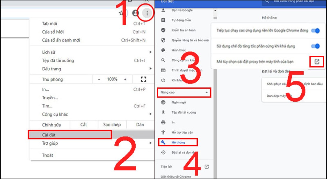 Mở Chrome và click vào biểu tượng dấu ba chấm > Click vào Cài đặt > Click vào Nâng cao > Chọn Hệ thống > Chọn mục Mở tùy chọn cài đặt nâng cao trên máy tính của bạn