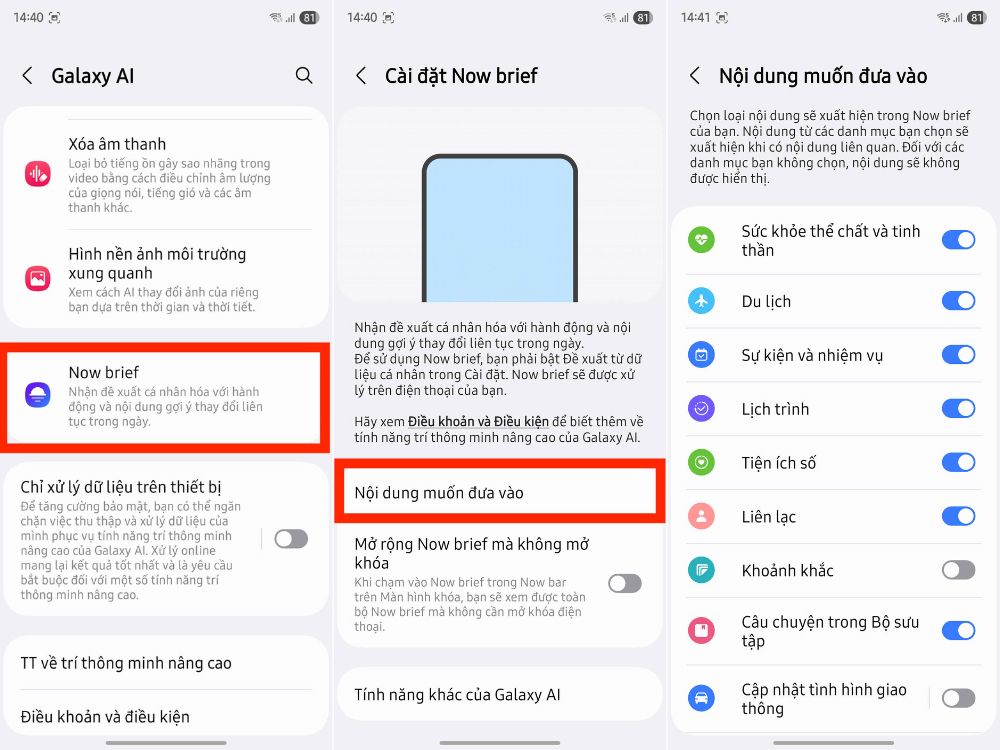 Now Brief > Nhấn v&agrave;o mục Nội dung muốn đưa v&agrave;o