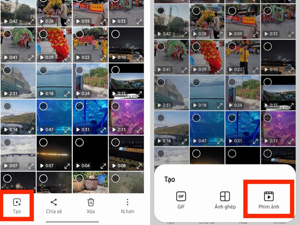 Nhấn Tạo > Chọn Phim ảnh