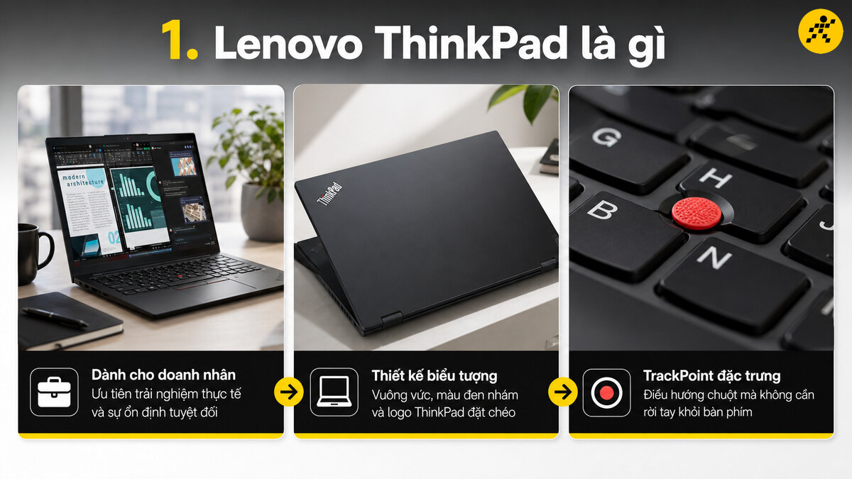 Lenovo ThinkPad là dòng laptop doanh nhân bền bỉ, thiết kế đen tối giản và TrackPoint đỏ đặc trưng.