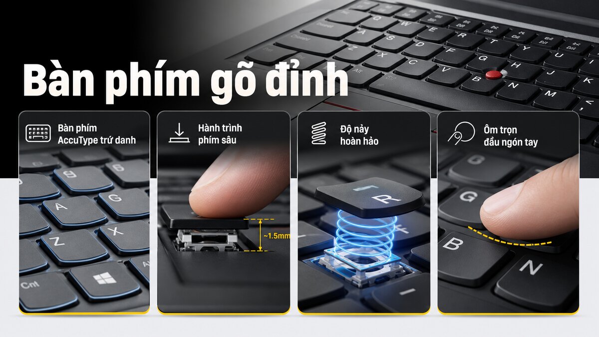 Bàn phím AccuType của Lenovo ThinkPad với hành trình phím sâu và độ nảy tốt.