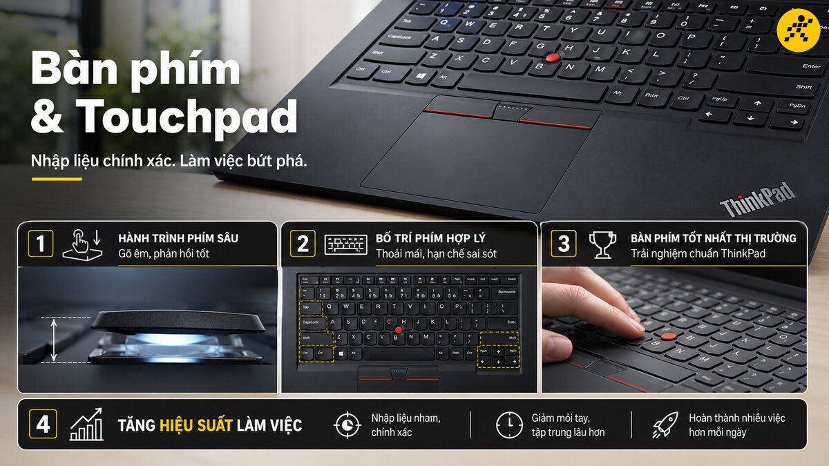 Bàn phím và Touchpad Lenovo ThinkPad tối ưu cho soạn thảo văn bản và thao tác nhanh.